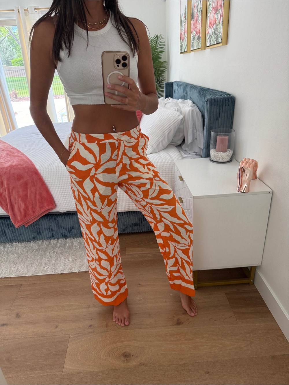 H&M Orange and White Wide-Leg Printed Pants